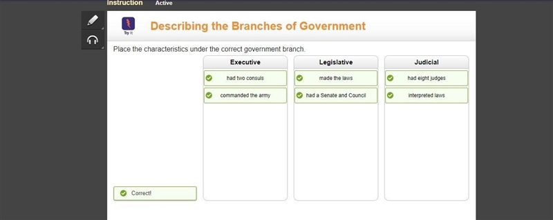 Place the characteristics under the correct government branch commanded the army Executive-example-1