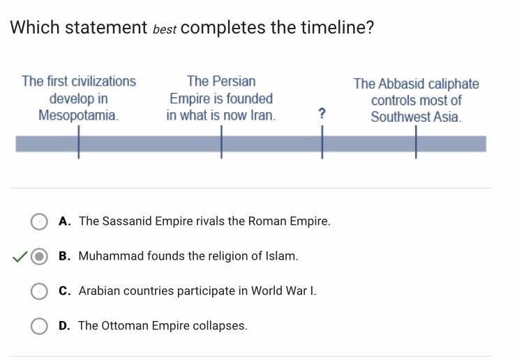 Which statement best completes the timeline? The first civilizations develop in Mesopotamia-example-1