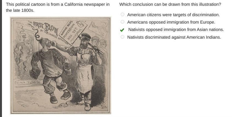 This political cartoon is from a California newspaper in the late 1800s. Which conclusion-example-1