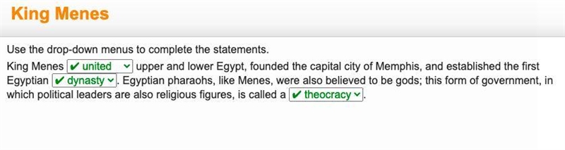 King Menes upper and lower Egypt, founded the capital city of Memphis, and established-example-1