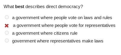 What best describes direct democracy? a government where people volt on laws and rules-example-1