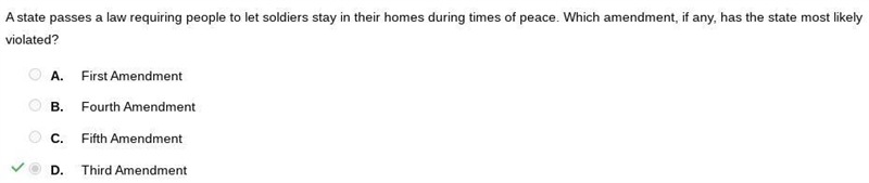 A state passes a law requiring people to let soldiers stay in their homes during times-example-1