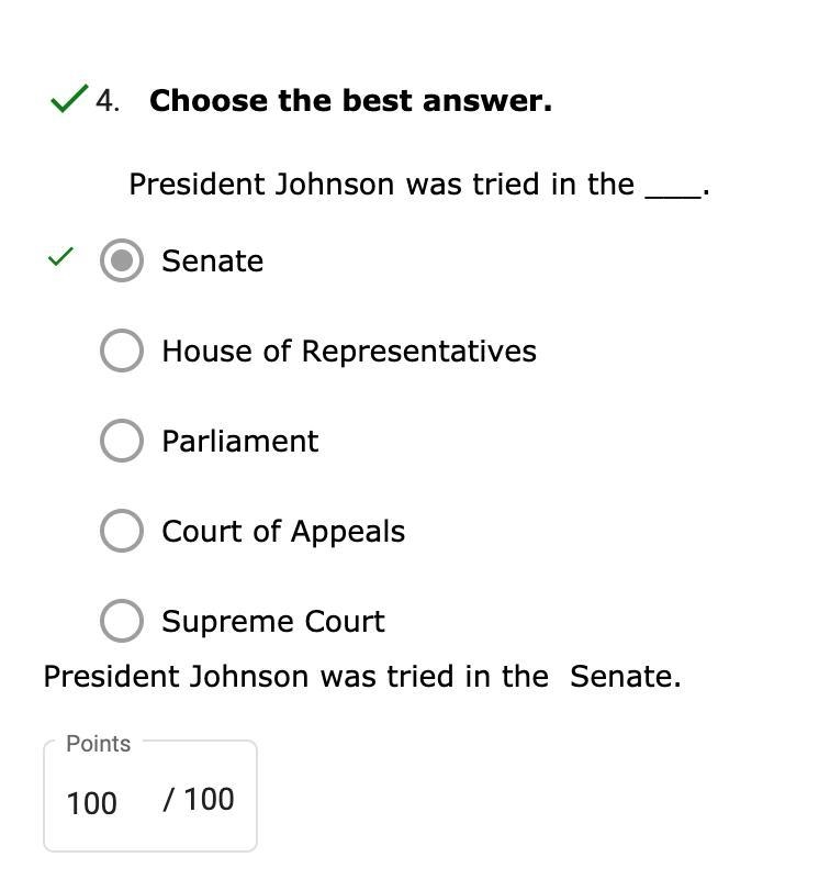 President Johnson was tried in the ___. Supreme Court House of Representatives Parliament-example-1