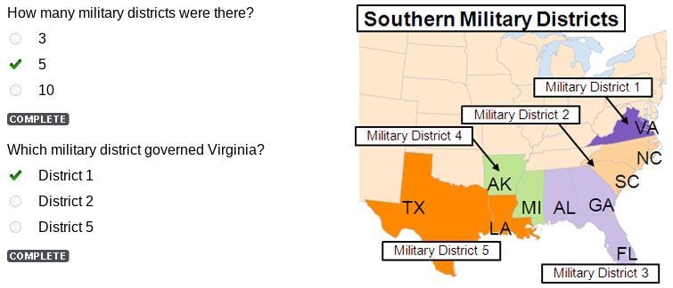 Which military district governed Virginia? District 1 District 2 District 5-example-1