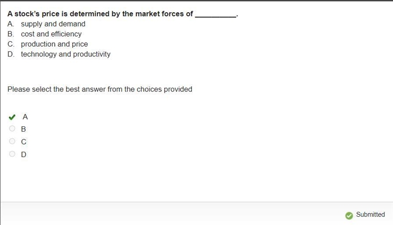 A stock’s price is determined by the market forces of __________. A. supply and demand-example-1