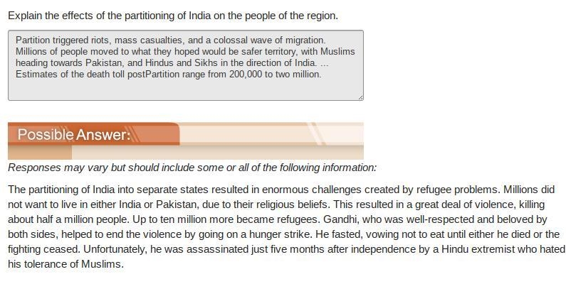 Please help and fast! Explain the effects of the partitioning of India on the people-example-1