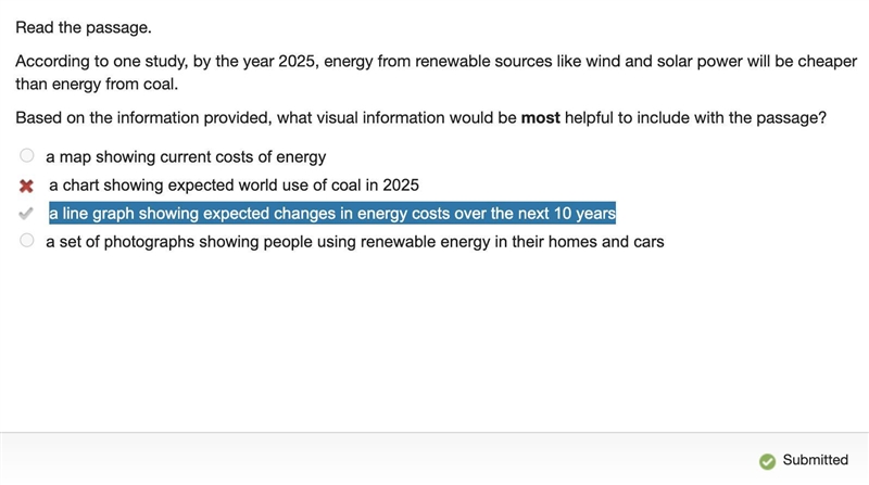 Read the passage. According to one study, by the year 2025, energy from renewable-example-1