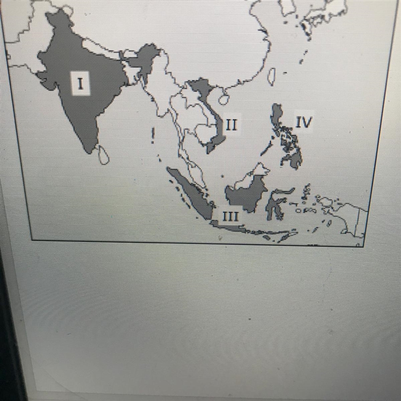 Which numeral marks the location of India? A:l B:ll C:lll D:lV-example-1