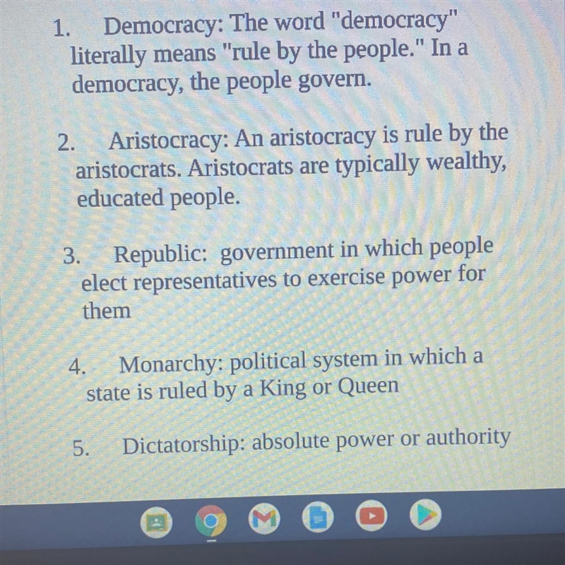 List the form of government from most to least democratic pls-example-1