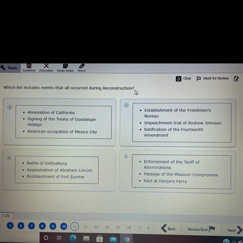 Which list includes events that all occurred during Reconstruction? .A • Annexation-example-1