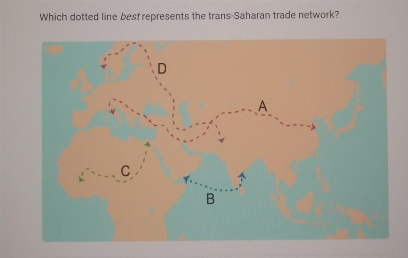 Which dotted line best represents the trans-Saharan trade network? A. A B. D C. C-example-1