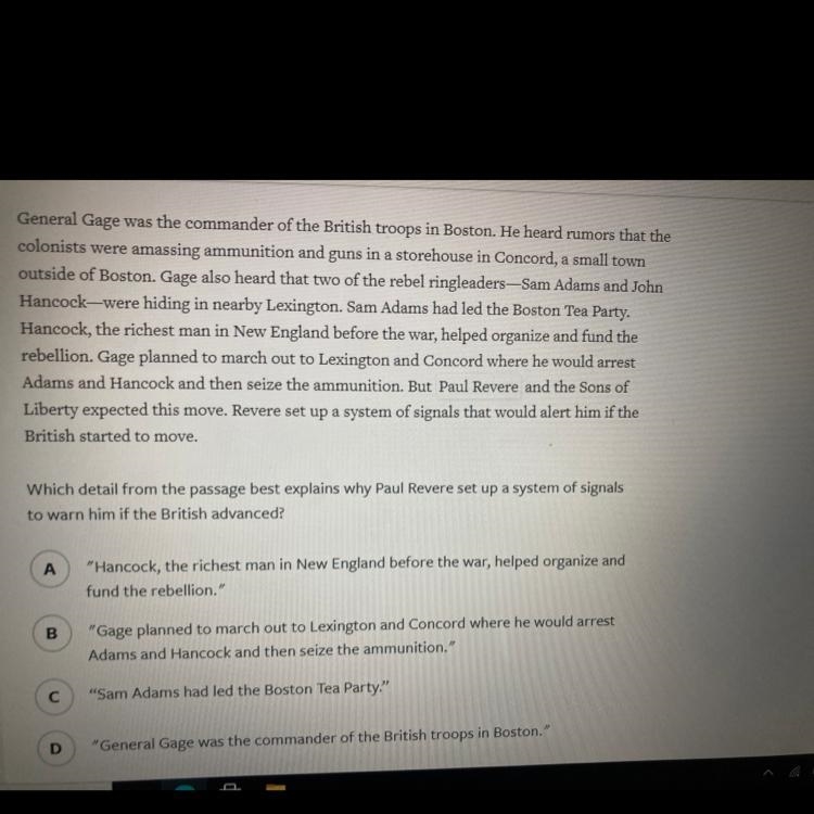 Which detail from the passage best explains why Paul Revere set up a system of signals-example-1