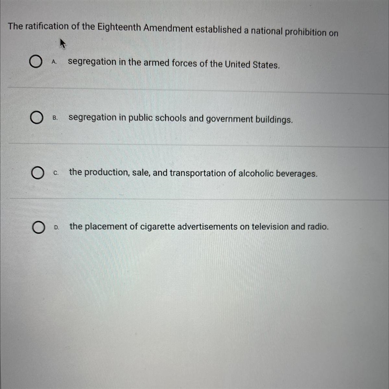 The ratification of the Eighteenth Amendment established a national prohibition on-example-1