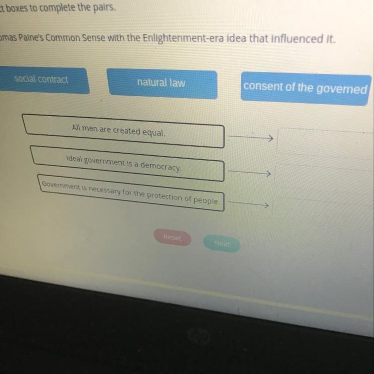 Social contract,natural law,consent of the governed which goes in which box please-example-1