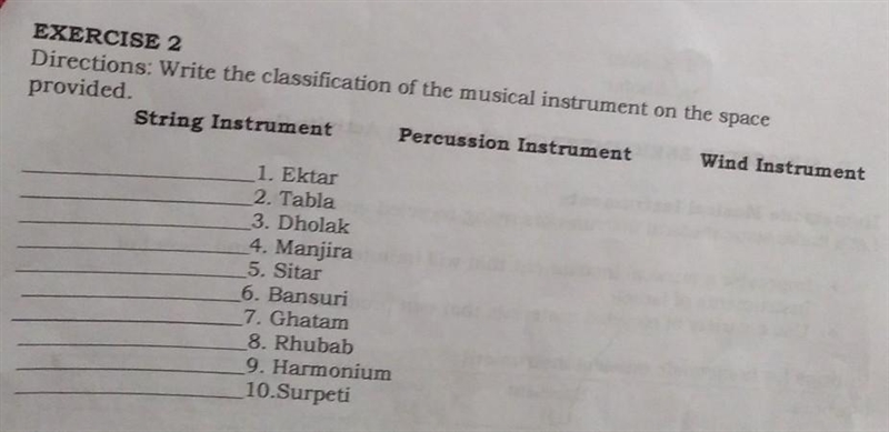 EXERCISE 2 Directions Write the classification of the musical instrument on the space-example-1