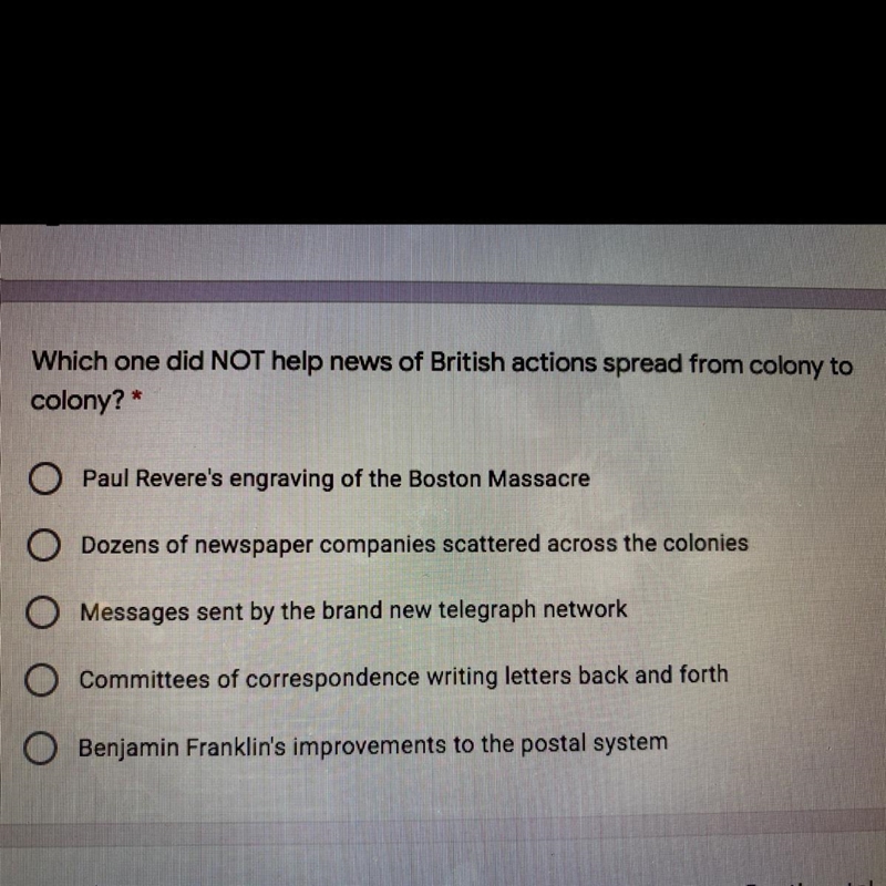 Which one did NOT help news of British actions spread from colony to colony?* A. Paul-example-1