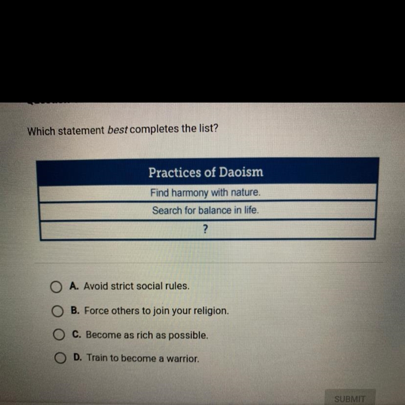 Which statement best completes the list? Practices of Daoism Find harmony with nature-example-1