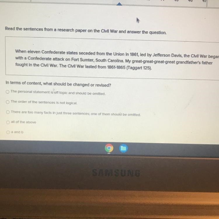 Read the sentences from a research paper on the Civil War and answer the question-example-1