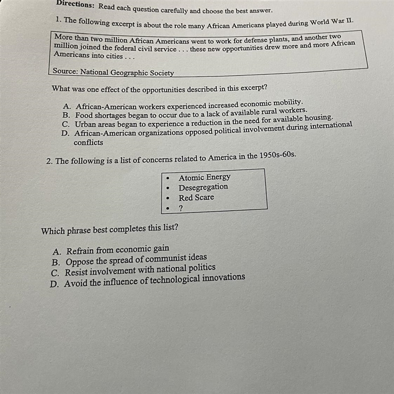 Directions: Read each question carefully and choose the best answer. 1. The following-example-1