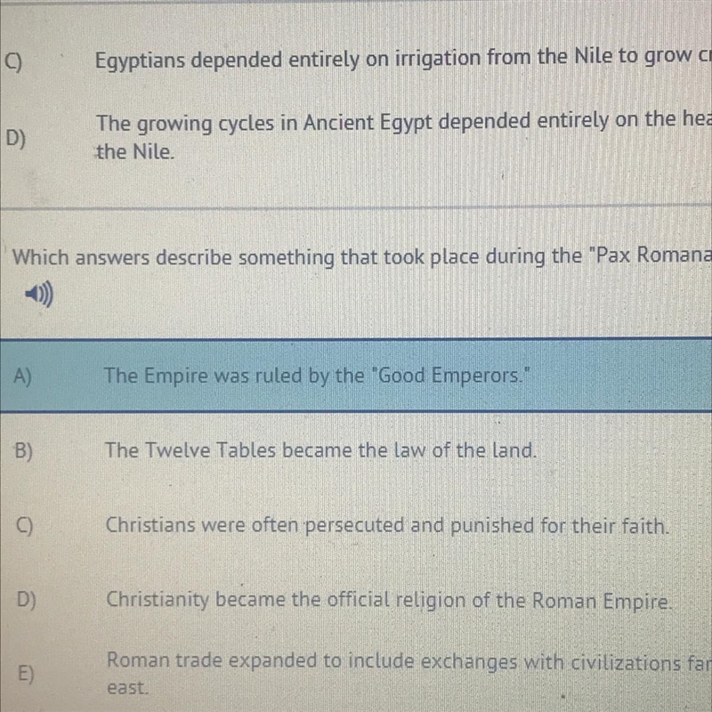 Which answers describe something that took place during the "Pax Romana?-example-1