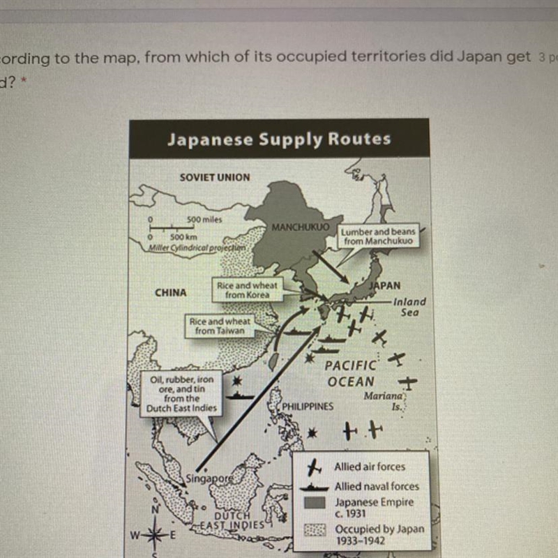 According to the map, from which of its occupied territories did Japan get food?-example-1