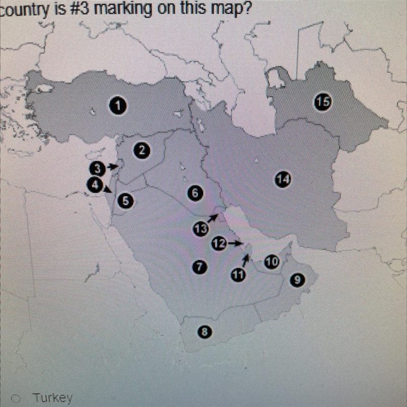 Which country is #3 marking on this map? Turkey Israel Syria Lebanon-example-1