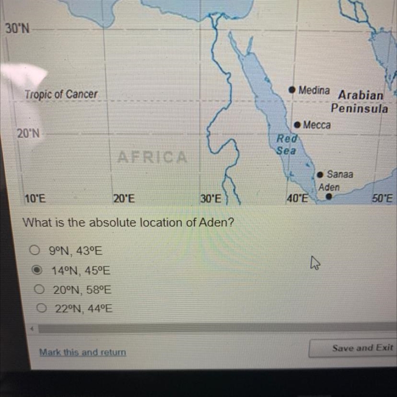 What is the absolute location of Aden? O 9°N, 43°E 14°N, 45°E 20°N, 58°E 22°N, 44°E-example-1