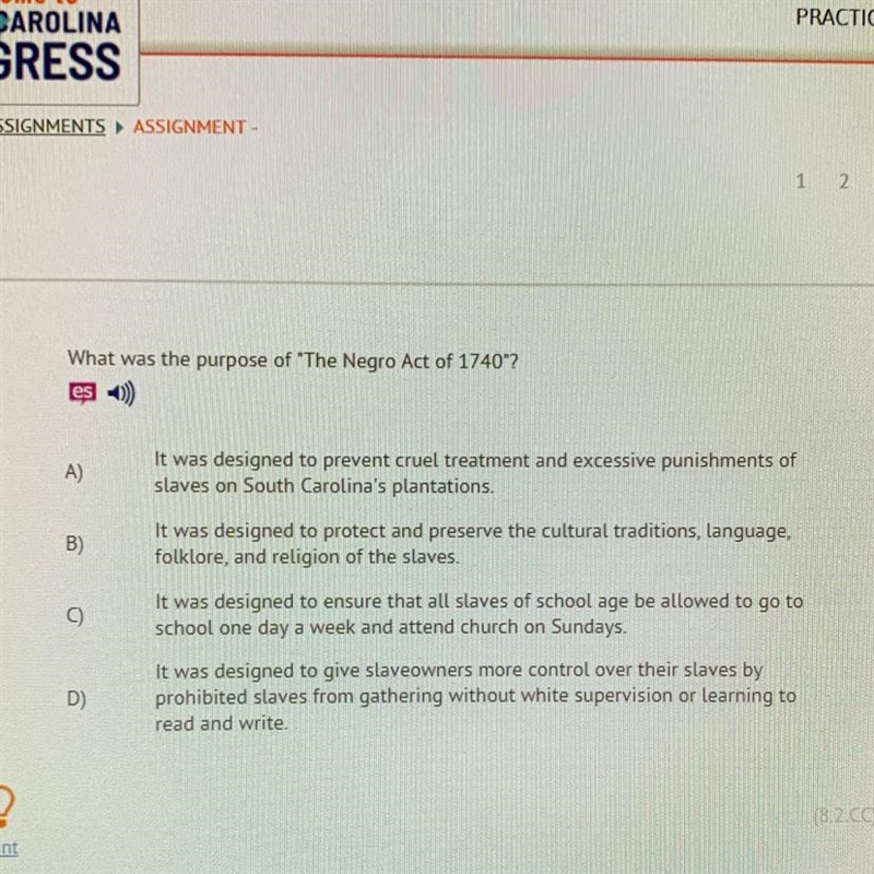 What was the purpose of "The Negro Act of 1740-example-1