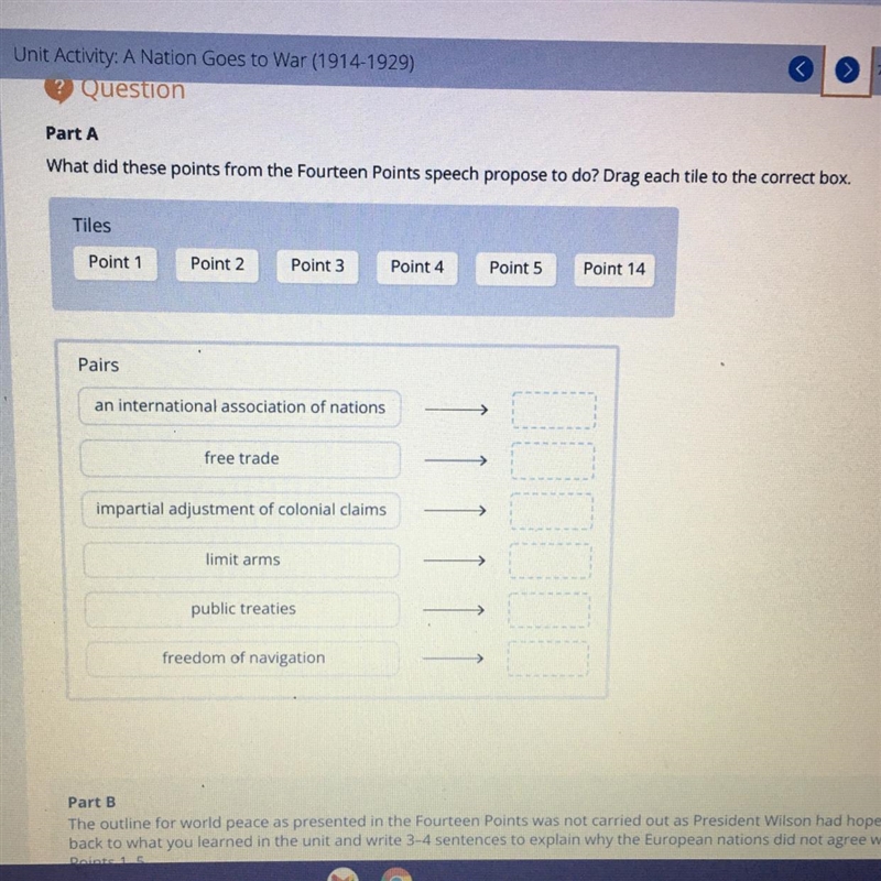 What did these points from the Fourteen Points speech propose to do? Drag each tile-example-1