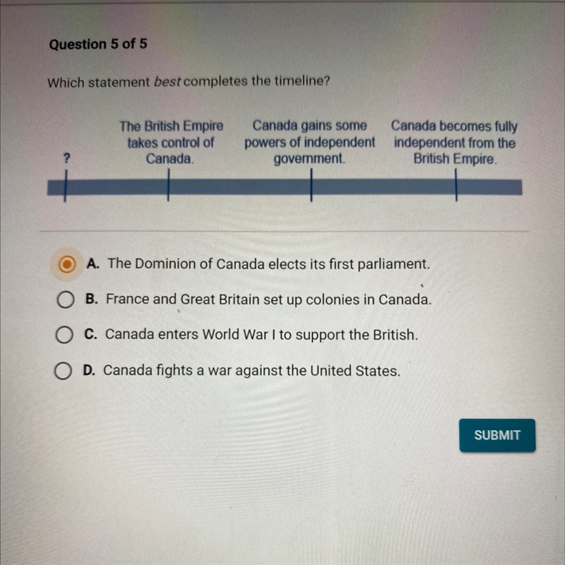 Question 5 of 5 Which statement best completes the timeline?-example-1