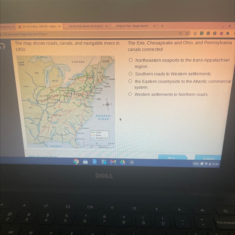 Plz hurry! Timed test! The map shows roads, canals, and navigable rivers in 1850. The-example-1