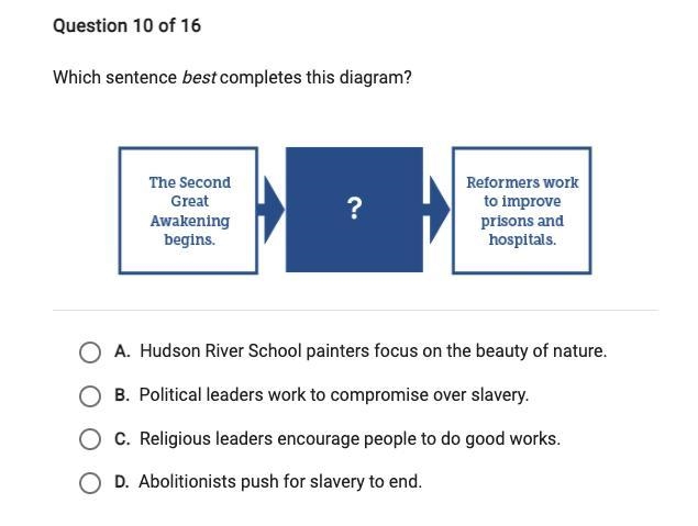 Which statement best completes the diagram? The Second Great Awakening begins-example-1