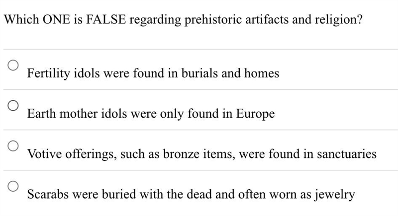 Which ONE is FALSE regarding prehistoric artifacts and religion?-example-1