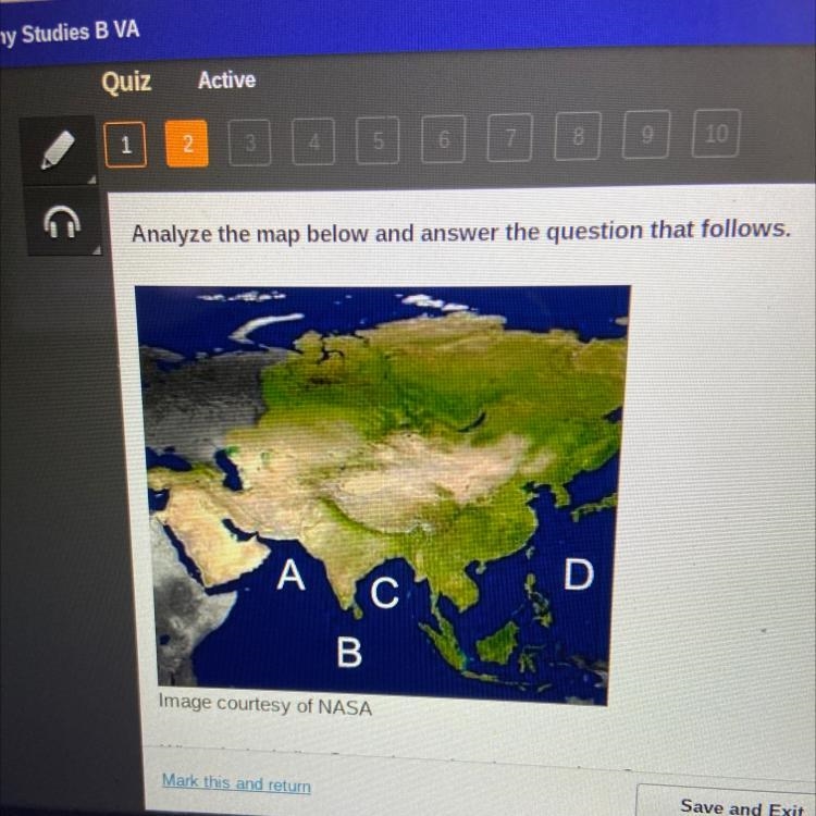 Where is the Indian Ocean located on the map above? A. Letter A B. Letter B C. Letter-example-1