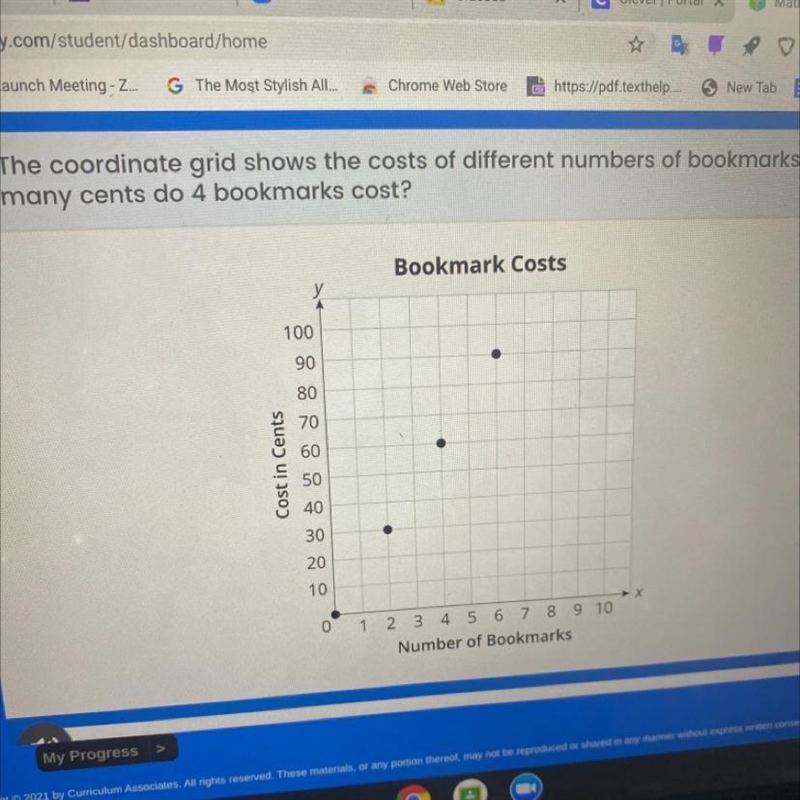 The coordinate grid shows the costs of different numbers of bookmarks. How many cents-example-1