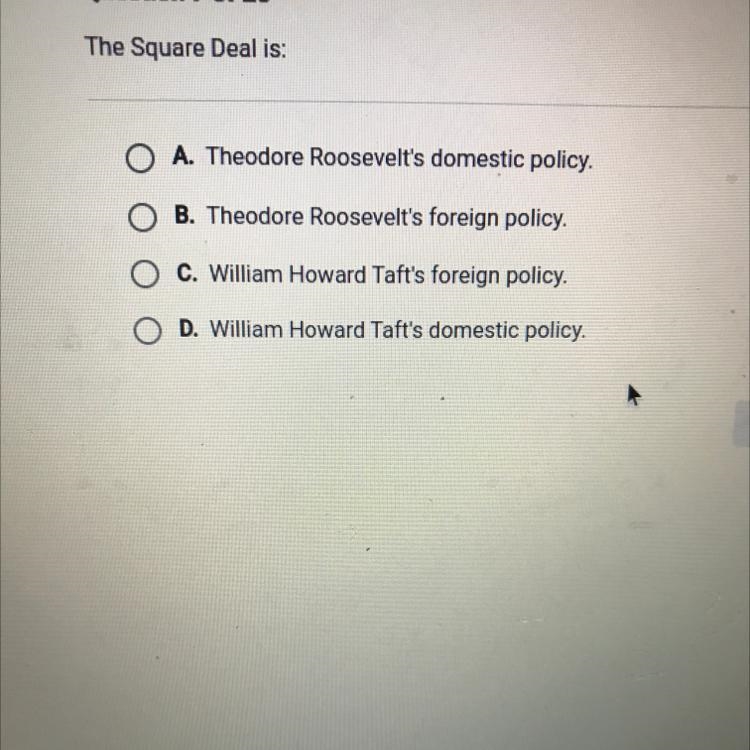 The Square Deal is: O A. Theodore Roosevelt's domestic policy. O B. Theodore Roosevelt-example-1