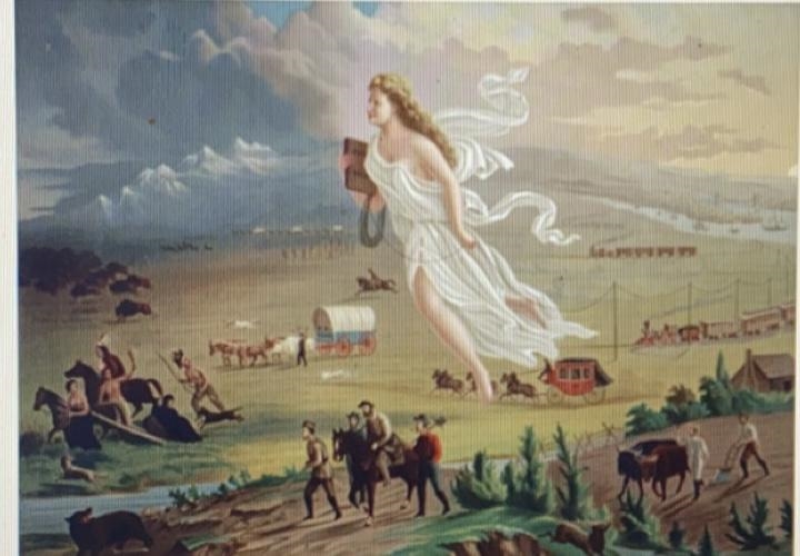 How does this image demonstrate the values and ideas of Manifest Destiny? Cite specific-example-1