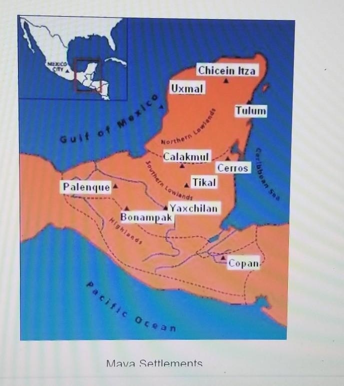 Based on the map, how did geography influence Maya settlement? A. They settled mostly-example-1