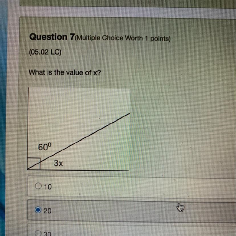 What is the value of x? 60° 3x 0 10 O 20 0 30 040-example-1