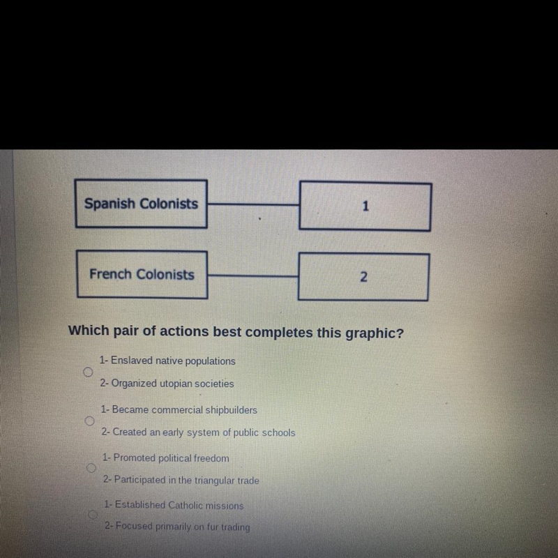 Which pair of actions best completes this graphic? 1- Enslaved native populations-example-1