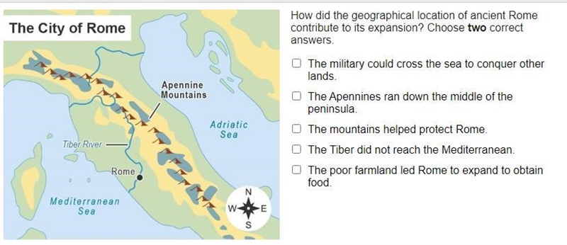 How did the geographical location of Ancient Rome contribute to its expansion? Chose-example-1