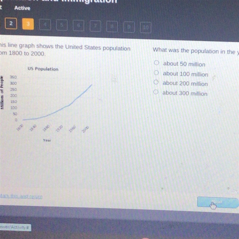 This tine graph shows the United States population from 1800 to 2000 What was the-example-1