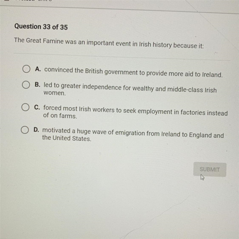 The Great Famine was an important event in Irish history because it: A. convinced-example-1