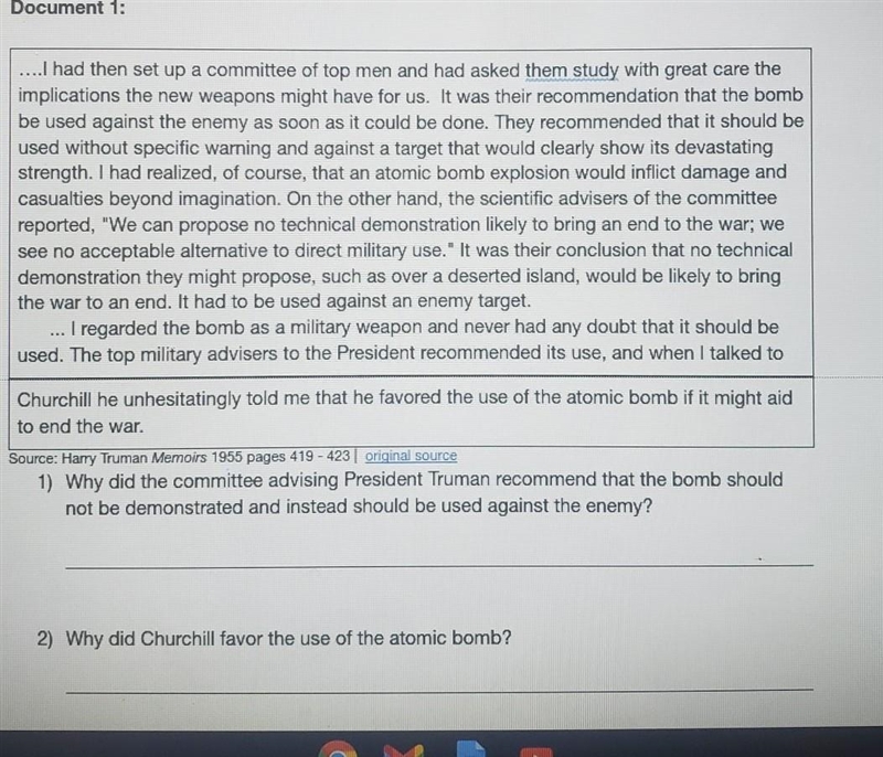 Question 1 Why did the committee advising President Truman recommend that the atomic-example-1