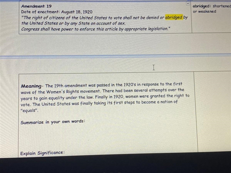 Can someone please help me on how to summarize the 19th Amendment and also you would-example-1