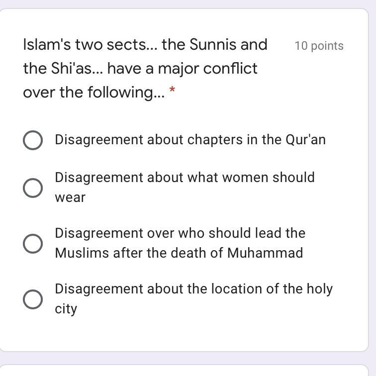 Islam's two sects... the Sunnis and the Shi'as... have a major conflict over the following-example-1