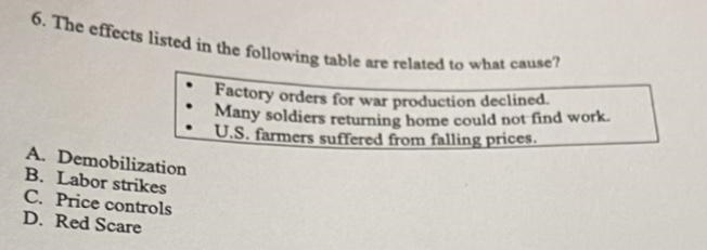 6. The effects listed in the following table are related to what cause? • Factory-example-1