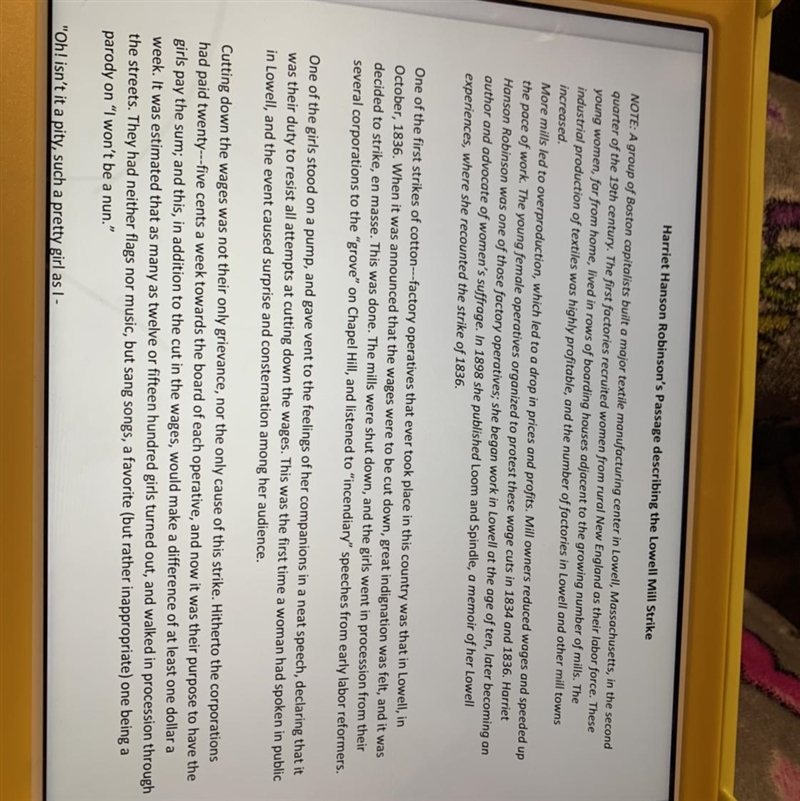 In paragraph 3, Harriet Hanson Robinson gives a reason for the wage cuts - what is-example-1