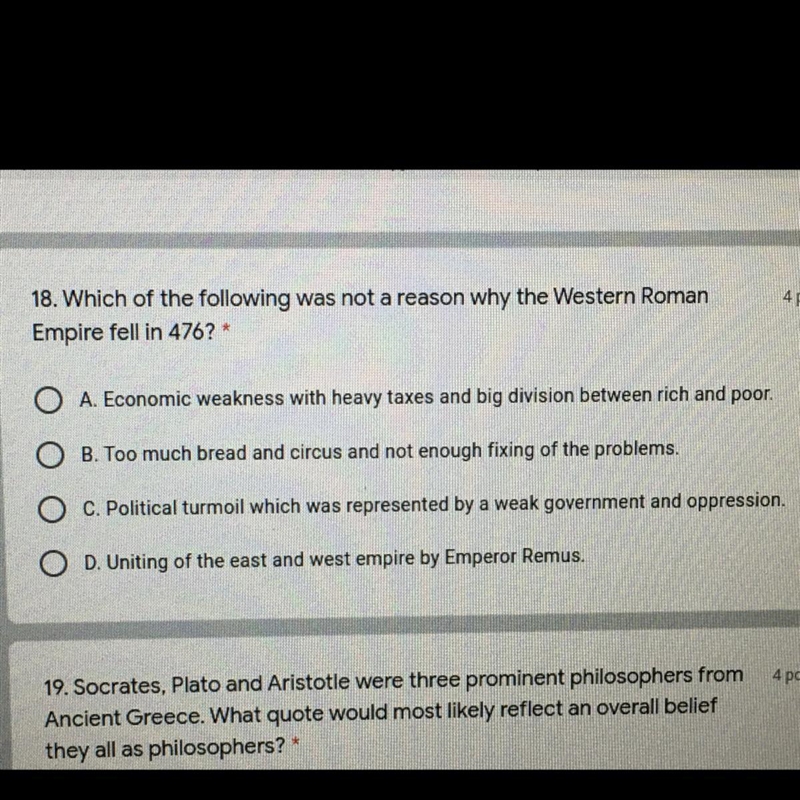 Which of the following was not a reason why the western Roman Empire fell in 476?-example-1