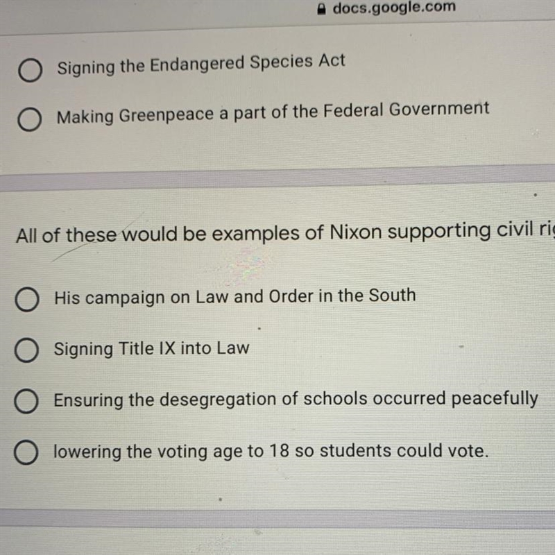 All of these would be examples of Nixon supporting civil rights except-example-1